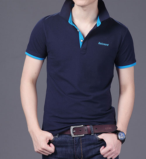 精棉萊卡高檔POLO衫定做,藏青色搭配天藍(lán)色款式圖