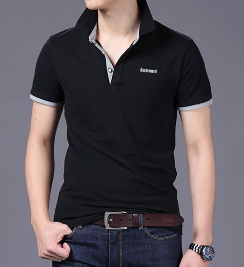 精棉萊卡高檔POLO衫定做,黑色搭配花灰色效果款式圖