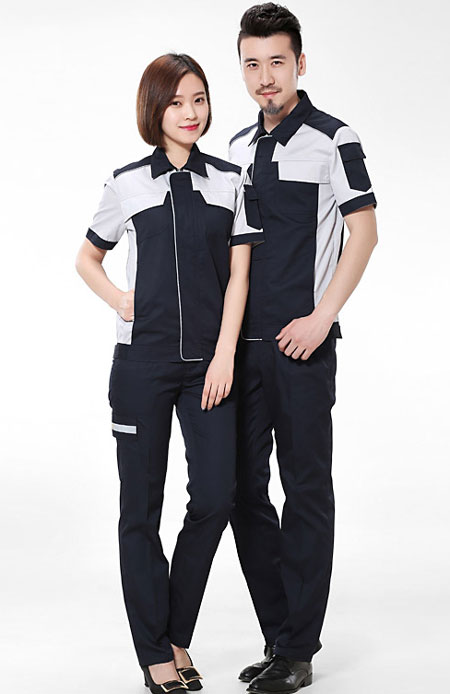 短袖工衣定做灰色拼藏青色款式模板圖二