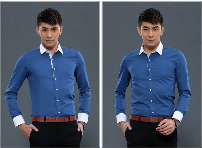 深藍色配白領(lǐng)襯衫定制模特正面款式圖片