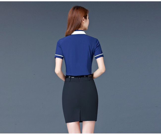 藍色嵌白邊時尚女襯衫定制背后效果圖